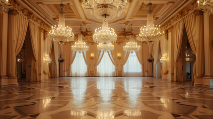 A grand ballroom with crystal chandeliers and elegant drapery.