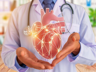 doctor holding heart graphics model in technology digital style 