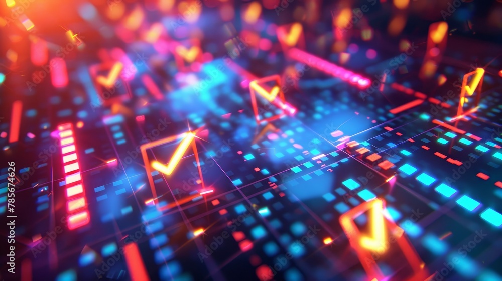 Poster glowing check symbols arranged in a dynamic composition ai generated illustration