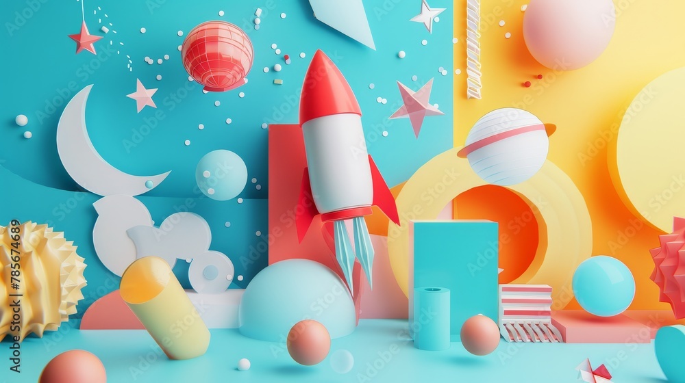 Poster graphic 3d render of flying objects in a bold color palette ai generated illustration