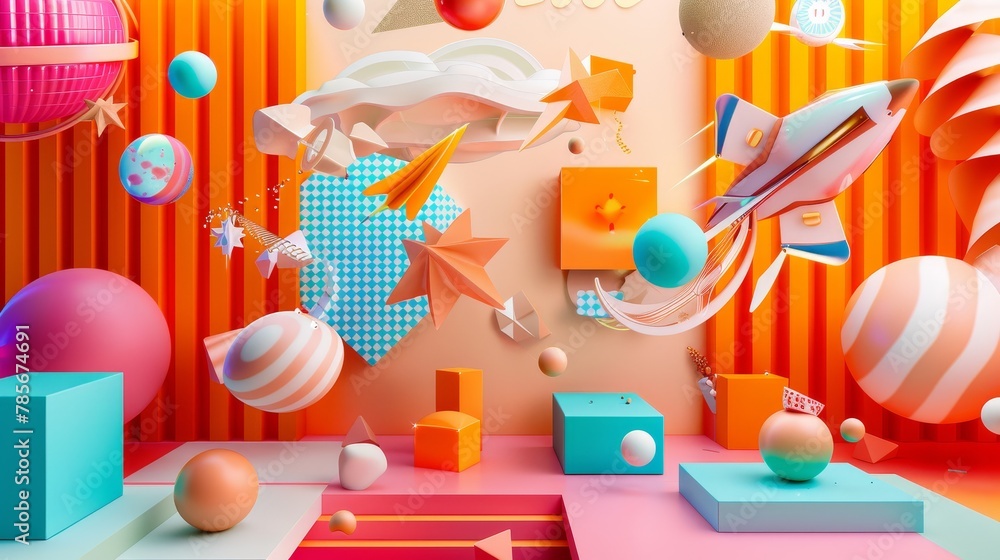Aufkleber graphic 3d render of flying objects in a bold color palette ai generated illustration