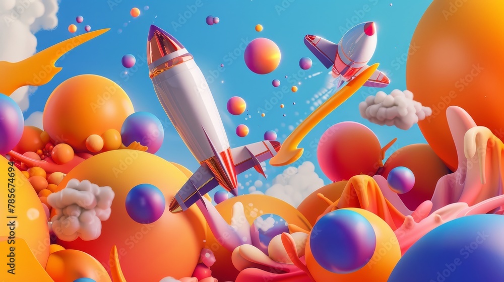 Poster graphic 3d render of flying objects in a bold color palette ai generated illustration