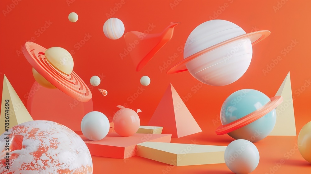 Poster graphic 3d render of flying objects in a bold color palette ai generated illustration