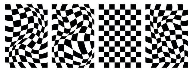 Retro psychedelic black white checkerboard vector backgrounds set. Groovy wavy y2k checkered prints