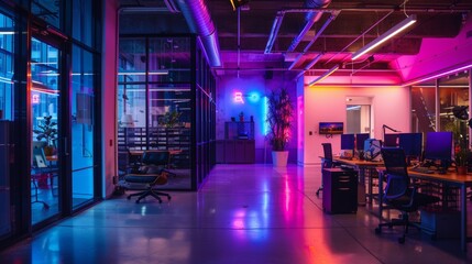 Glowing neon signs illuminating the office space   AI generated illustration