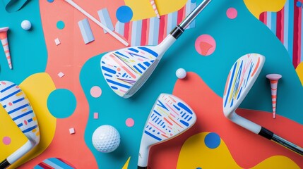 Golf clubs and tees in a vibrant Memphis-inspired pattern   AI generated illustration - obrazy, fototapety, plakaty