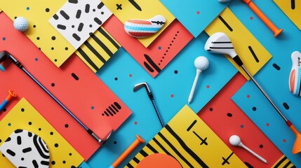 Golf clubs and tees in a vibrant Memphis-inspired pattern   AI generated illustration - obrazy, fototapety, plakaty