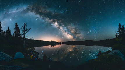 A group of backpackers setting up camp beside a serene alpine lake under the glow of the Milky Way showcasing the communal aspect of backpacking and the awe-inspiring nature of the night sky. - obrazy, fototapety, plakaty