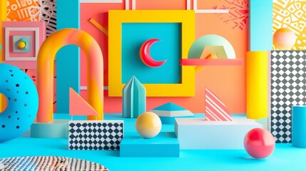 Fototapeta premium Isolated floating objects in a bold and colorful Memphis style setting AI generated illustration