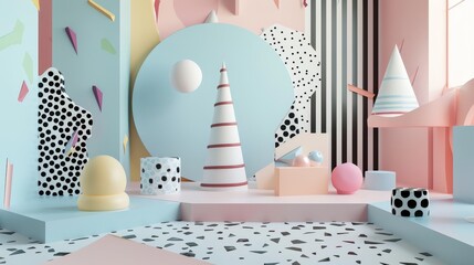 Isolated floating objects in a pastel Memphis style setting   AI generated illustration