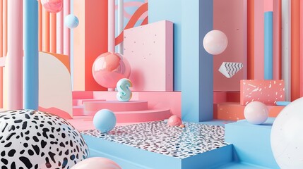 Isolated floating objects in a pastel-colored Memphis style setting   AI generated illustration