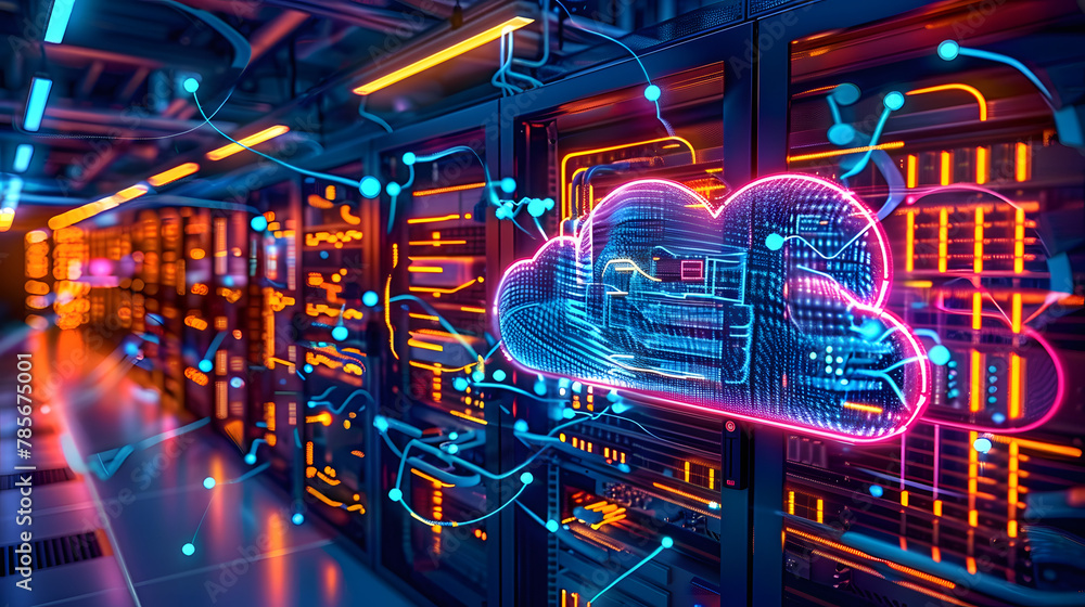Poster serverless technology on hybrid cloud network with modern digital infrastructure equipment. concept 