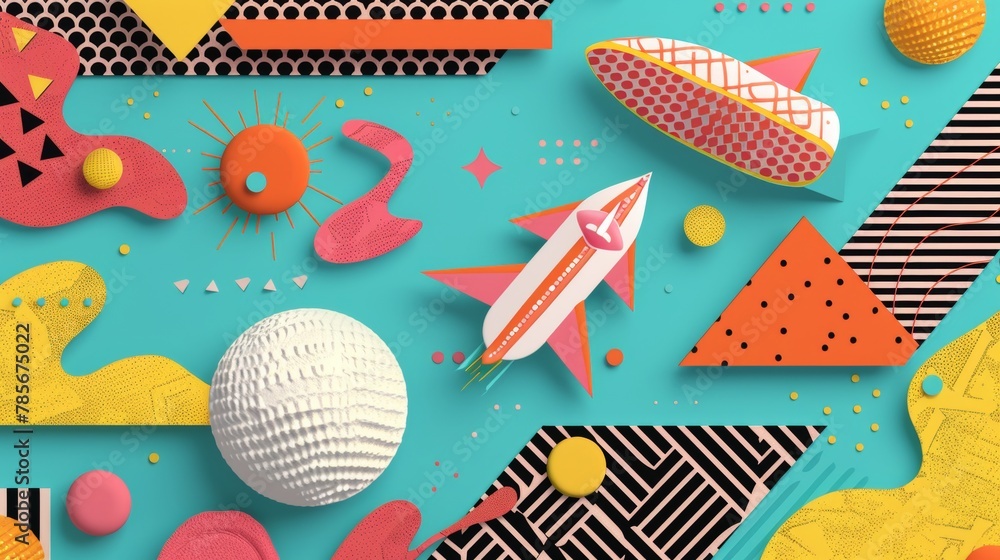 Poster isolated flying objects with intricate memphis style patterns ai generated illustration