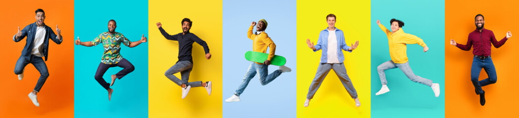 Diverse Men in Mid-Jump Against Multicolored Backgrounds