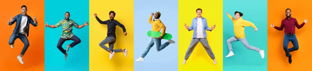 Foto op Aluminium Diverse Men in Mid-Jump Against Multicolored Backgrounds © Prostock-studio