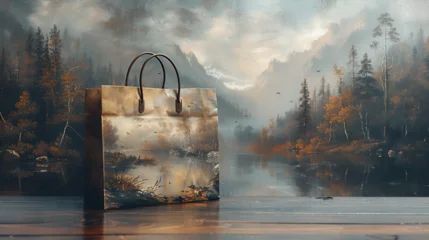 Keuken spatwand met foto Shopping Bag with Handles, Shopper bags on wooden board 3D Image © john