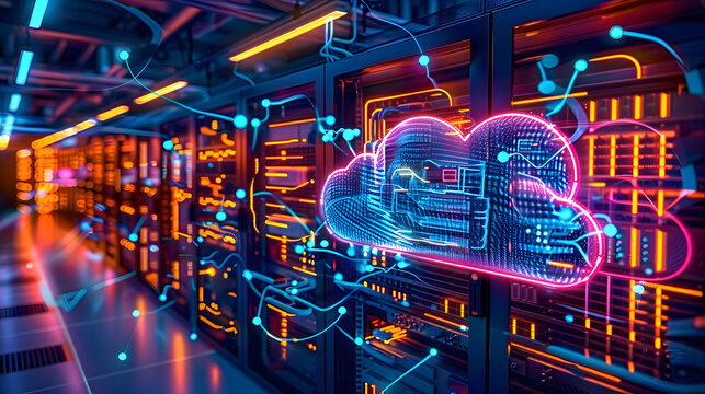 Serverless technology on hybrid cloud network with modern digital infrastructure equipment. Concept Serverless Technology, Hybrid Cloud Network, Digital Infrastructure, Modern Equipment