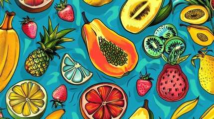 A hand-drawn style pattern featuring various exotic fruits, creatively presented in a seamless artistic form.

 - obrazy, fototapety, plakaty