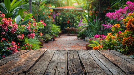 Wooden Table in Garden With Flowers - obrazy, fototapety, plakaty