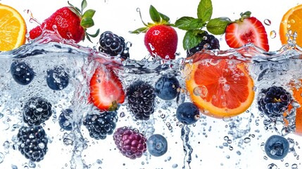 A dynamic image of fresh fruits caught in a water splash, isolated on a white background, showcasing freshness and vitality.

