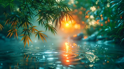 Bamboo leaves with water reflection. Natural background. Selective focus.