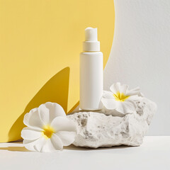 Fototapeta na wymiar A bottle of white face cream is placed on a white rock with a white flower beside it. The background is yellow and gradually changes to white.