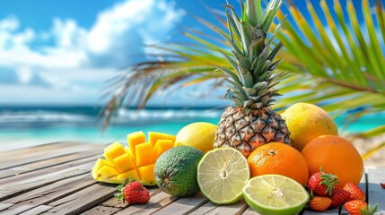 Fresh fruits laid out on a beach deck in front of a tropical island, adding a vacation vibe to the setting.

