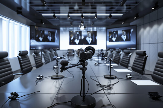 abstract photo of sleek design of conference room video conferencing equipment, with high-definition cameras and microphones providing crystal-clear audiovisual communication, phot