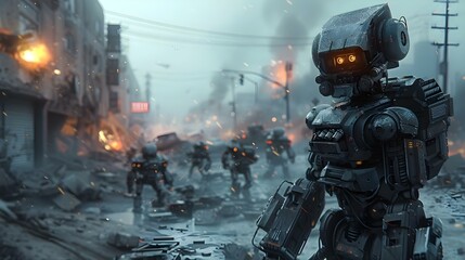 Robotic Uprising in a Futuristic Wasteland. Concept Dystopian Society, Artificial Intelligence, Rebellion against Machines