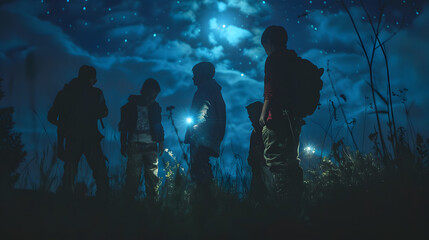 A group of kids on a night hike using flashlights to explore and discuss constellations. - obrazy, fototapety, plakaty