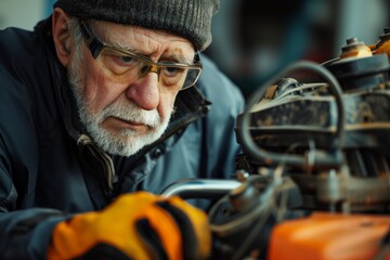 Aging mechanic examines machinery intently