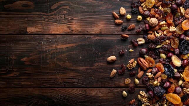 A rustic composition of mixed dried fruits and nuts, elegantly spread on a dark wood background with ample copy space.

