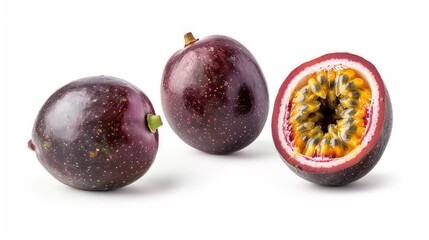 A passion fruit presented isolated on a white background, featuring both a whole fruit and a halved section.

