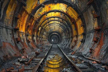 An intricate view inside a dilapidated tunnel showcasing vivid rust and decay with a central...