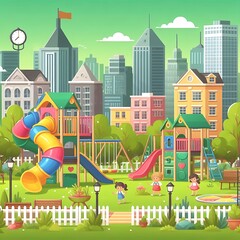 Urban Oasis,A Vibrant Cityscape with a Colorful Children’s Playground Amidst Lush Greenery