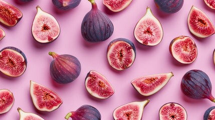 A visually appealing pattern created from both whole and sliced figs, captured from an overhead perspective.

