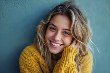 Smiling young woman in yellow knit sweater