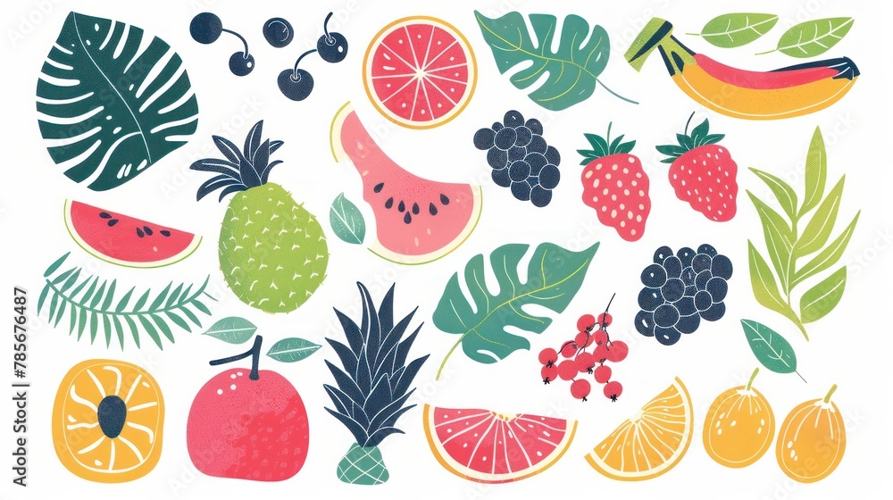Poster cartoon-style fruits and berries designed with a risograph printing effect, adding a playful and col