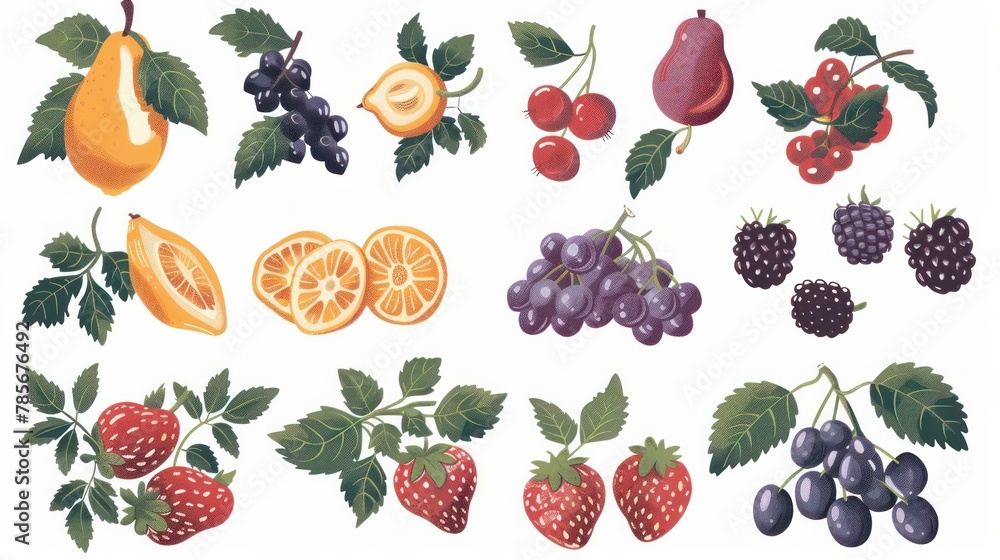 Poster cartoon-style fruits and berries designed with a risograph printing effect, adding a playful and col