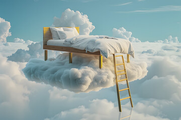 Surreal floating bed on a cloud with ladder against a blue sky, symbolizing peace, dream, and relaxation.