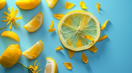 A creative representation of the sun, crafted from lemon slices and yellow flower petals, set against a bright blue background