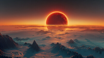 Space Solar Eclipse 3D Image,
Alien planet surface with blue glow with orange earth mountains stars in the sky