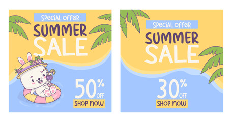 Summer sale discount posters. Funny bunny girl with cocktail swims on rubber circle under tropical palm leaves. Happy cartoon kawaii animal character. Vector illustration. Isolated Gift square cards.