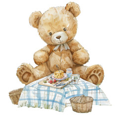 cute teddy bear and flowers, enjoying snacks, smiling brightly, bringing joy to people around, sitting happily