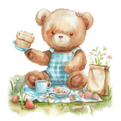 cute teddy bear and flowers, enjoying snacks, smiling brightly, bringing joy to people around, sitting happily