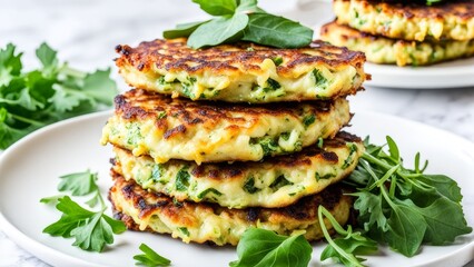 Zucchini fritters on a white plate with herbs