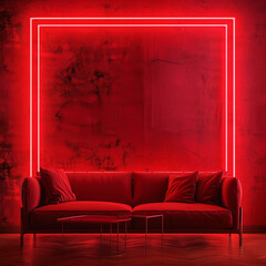 A dimly lit red room with a red couch and glowing red square on the wall behind it.

