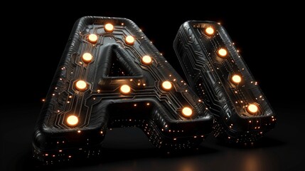 A stylized 3D representation of the AI symbol illuminated by warm lights on a dark, textured background