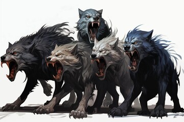 Illustration of a Pack of Fenris Wolfes on a White Background