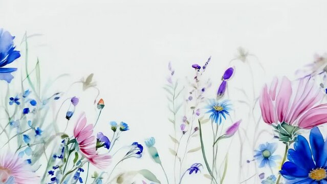 Watercolor flowers frame the canvas, their petals flutter as if in a soft wind, creating a dance of delicate botanical beauty. Festive romantic summer background